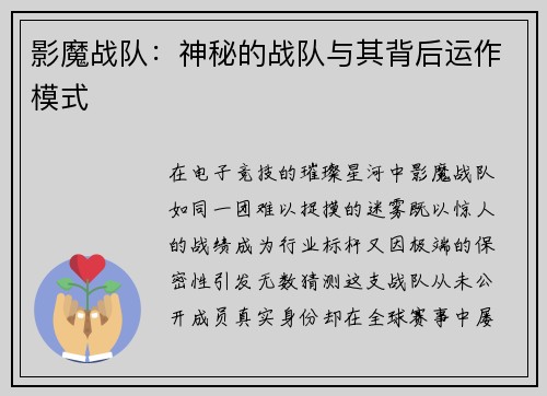 影魔战队：神秘的战队与其背后运作模式