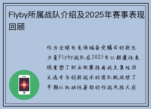 Flyby所属战队介绍及2025年赛事表现回顾