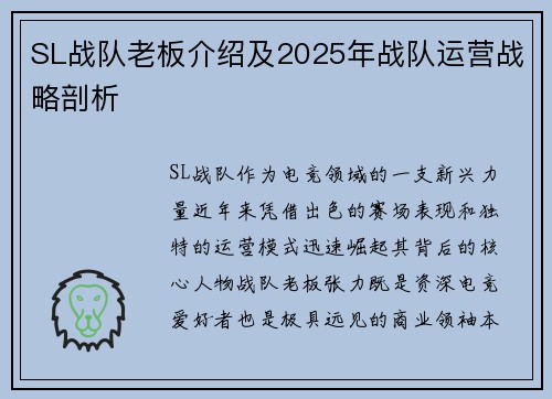 SL战队老板介绍及2025年战队运营战略剖析
